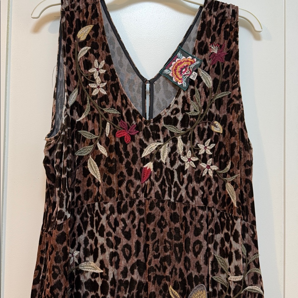 Johnny Was Brown Leopard Maxi Dress with Floral Embroidery. Velvet